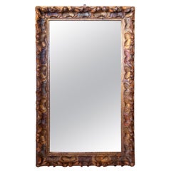 1650s Large Antique Rectangular Mirror with Carved and Polychrome Frame 1650s Large Antique Rectangular Mirror with Carved and Polychrome Frame