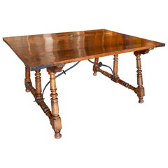Antique 1650s Mallorcan Office Table in Solid Wood with Turned Legs