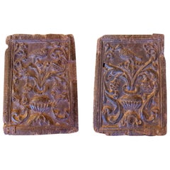 1650s Pair of Hand Carved Church Altarpiece Boards with Flowers Fecoration