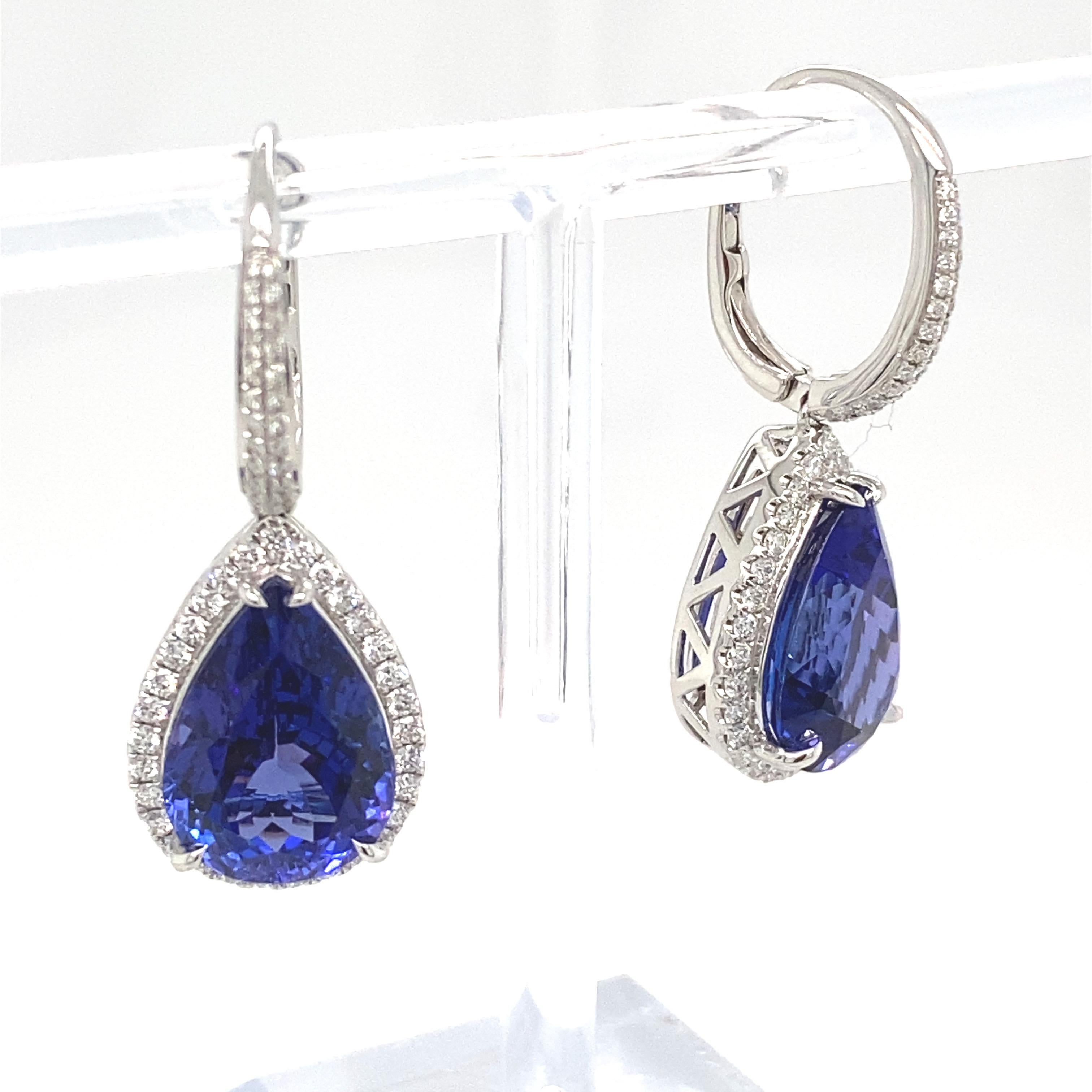 Artisan 16.51 Carat Pear Tanzanite Diamond Drop Earrings For Sale