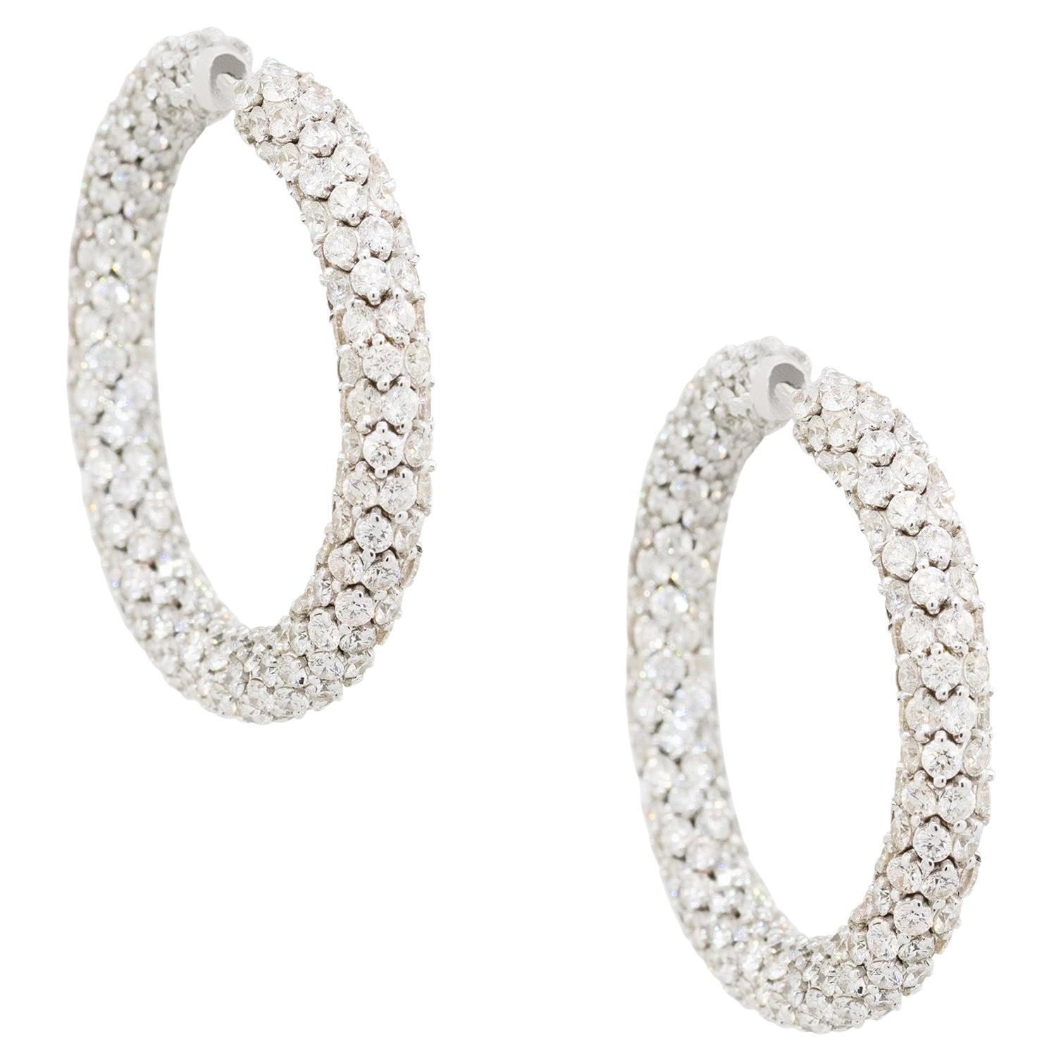 16.52 Carat All Diamond Pave Hoop Earrings 18 Karat In Stock For Sale