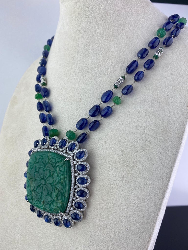 Art Deco 165.32 Carat Carved Emerald, with Sapphire and Emerald Beads Necklace