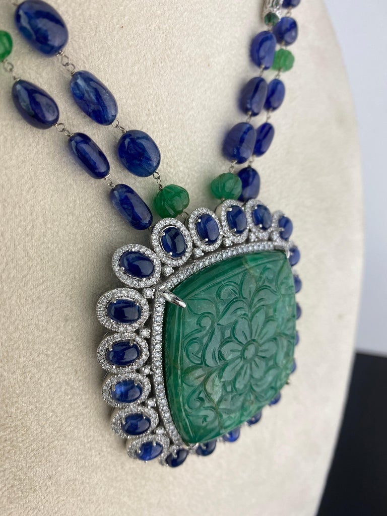 Emerald Cut 165.32 Carat Carved Emerald, with Sapphire and Emerald Beads Necklace