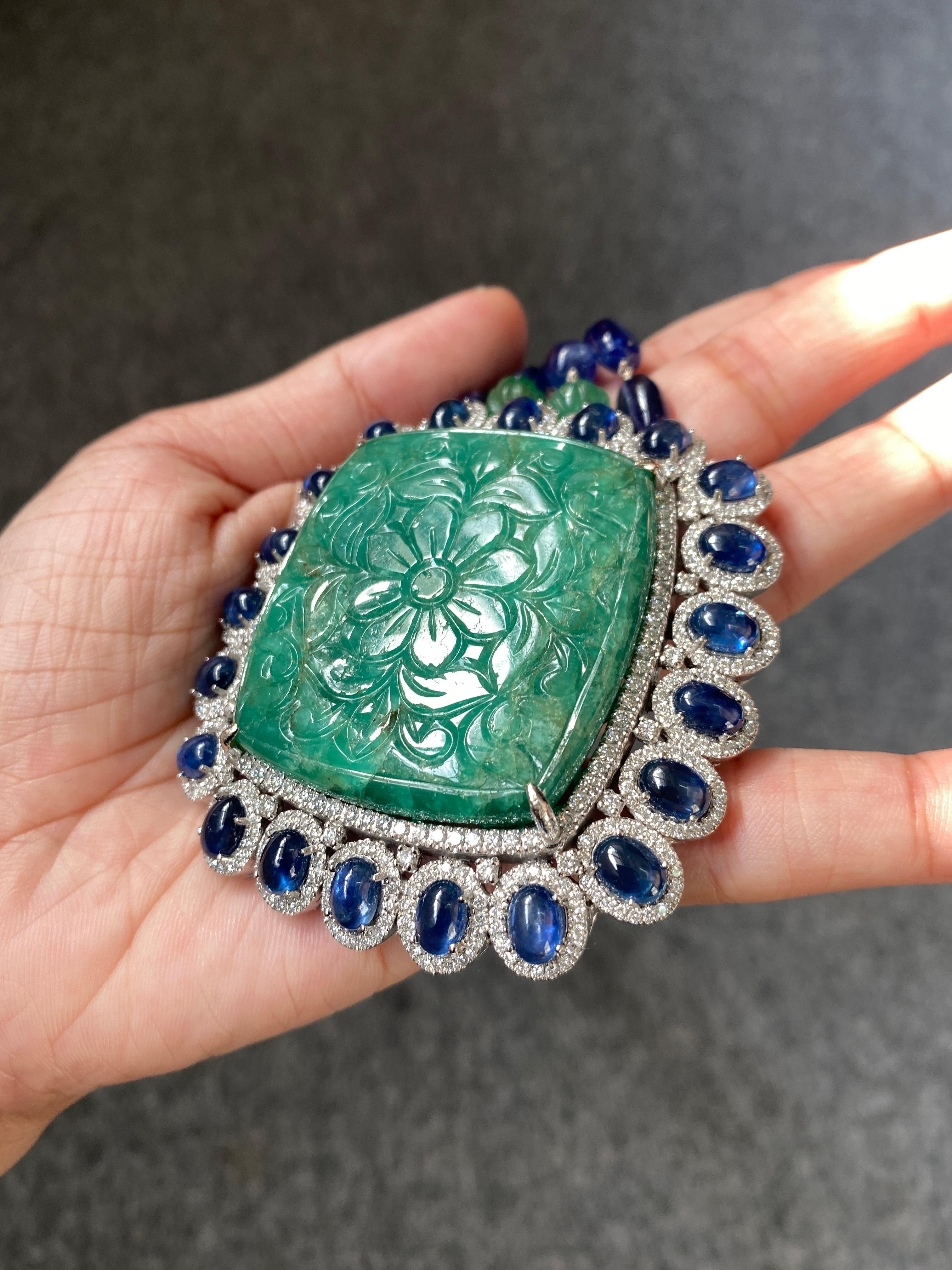 Art Deco 165.32 Carat Carved Emerald, with Sapphire and Emerald Beads Necklace