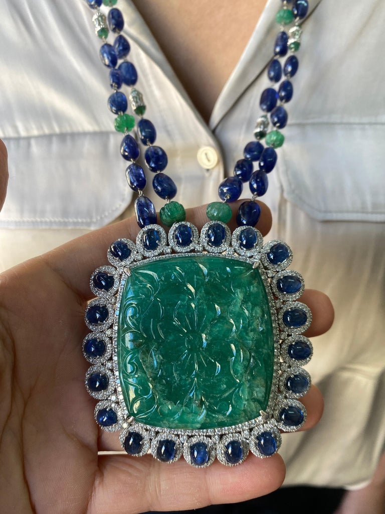 165.32 Carat Carved Emerald, with Sapphire and Emerald Beads Necklace 2