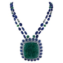 165.32 Carat Carved Emerald, with Sapphire and Emerald Beads Necklace