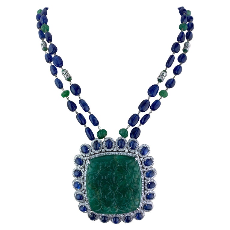 165.32 Carat Carved Emerald, with Sapphire and Emerald Beads Necklace