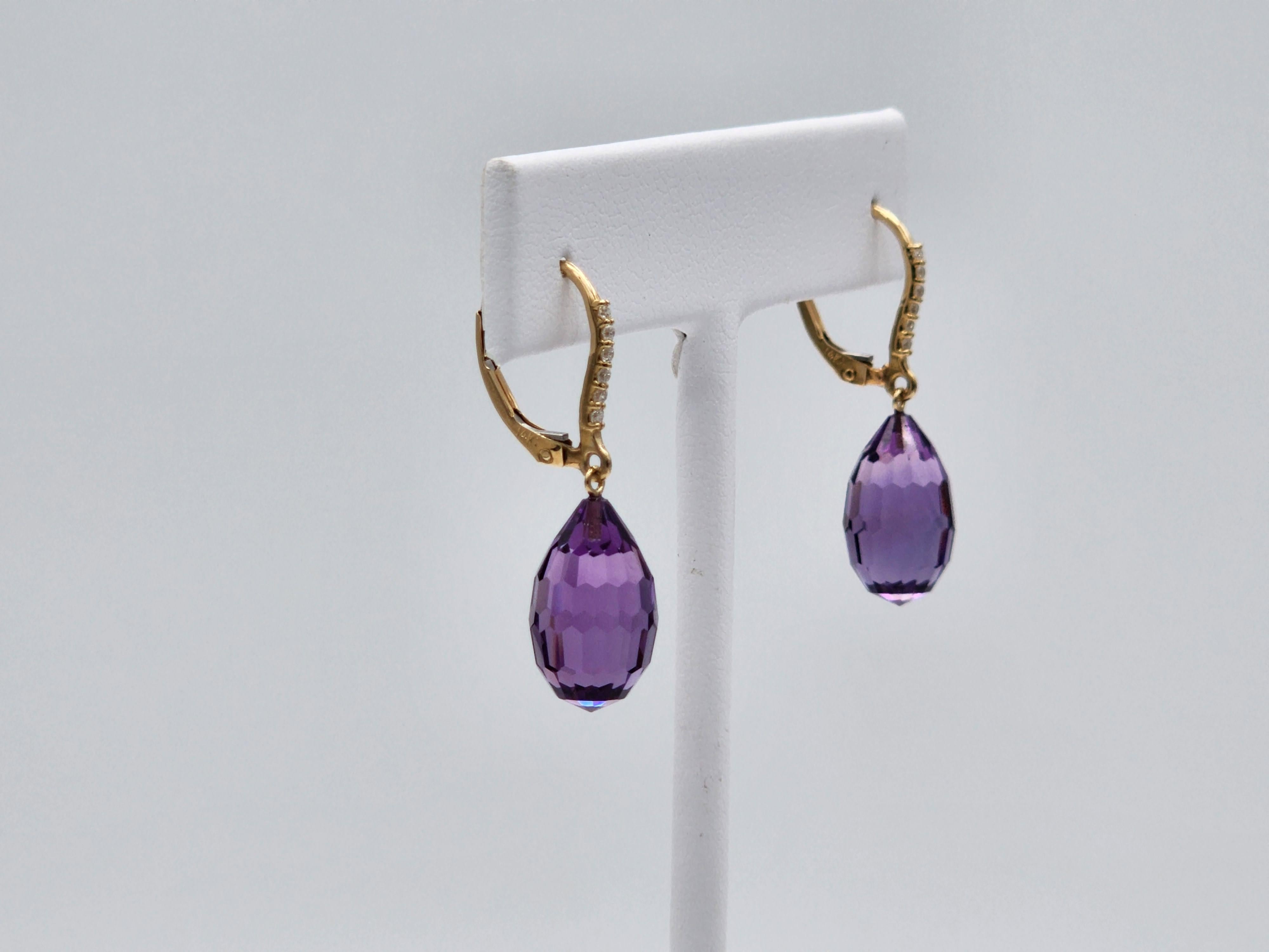 5,54 Karat Amethyst Briolette und Diamant-Ohrringe aus 14 Karat Gelbgold im Zustand „Neu“ in Cincinnati, OH
