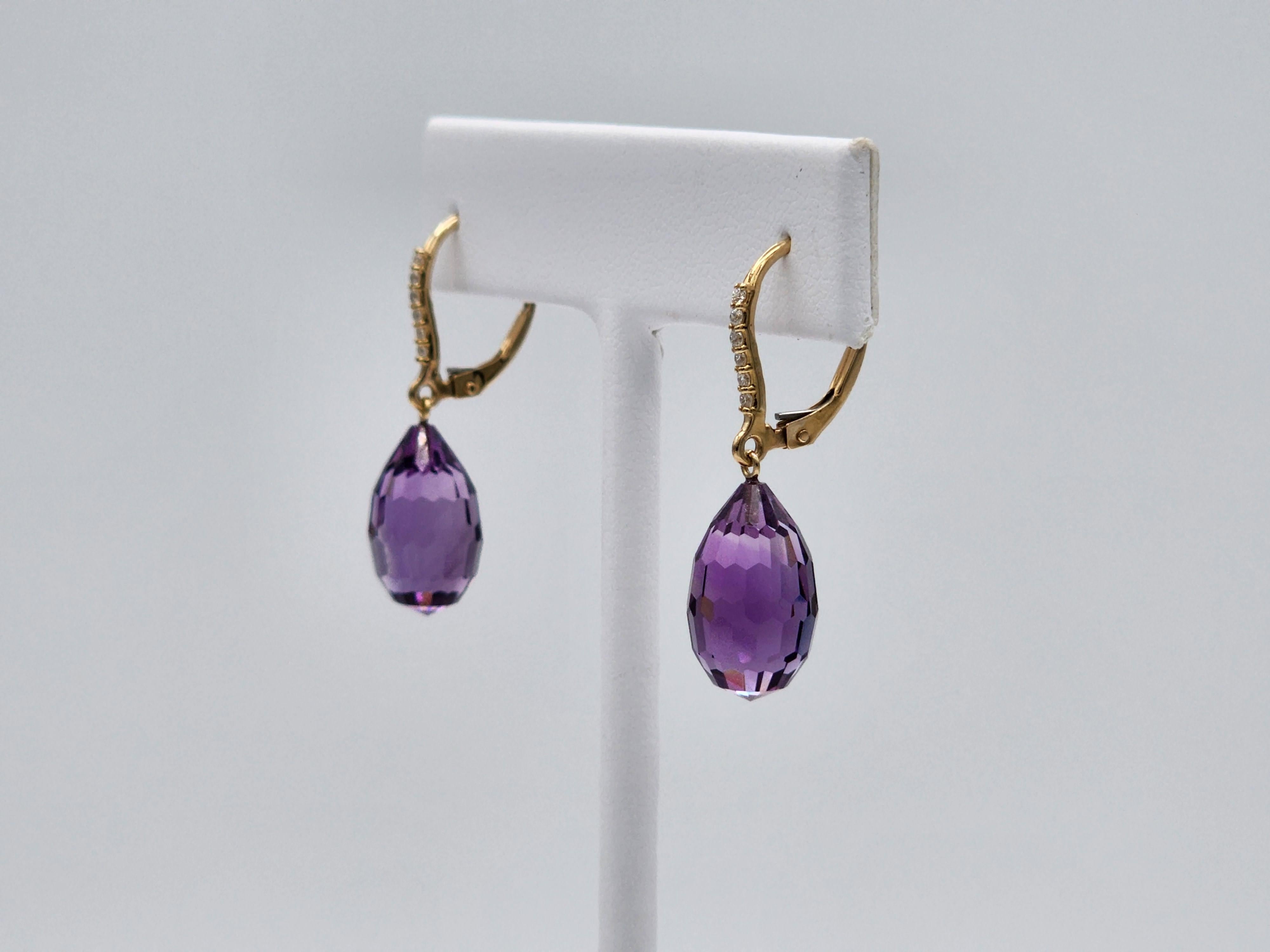 5,54 Karat Amethyst Briolette und Diamant-Ohrringe aus 14 Karat Gelbgold Damen