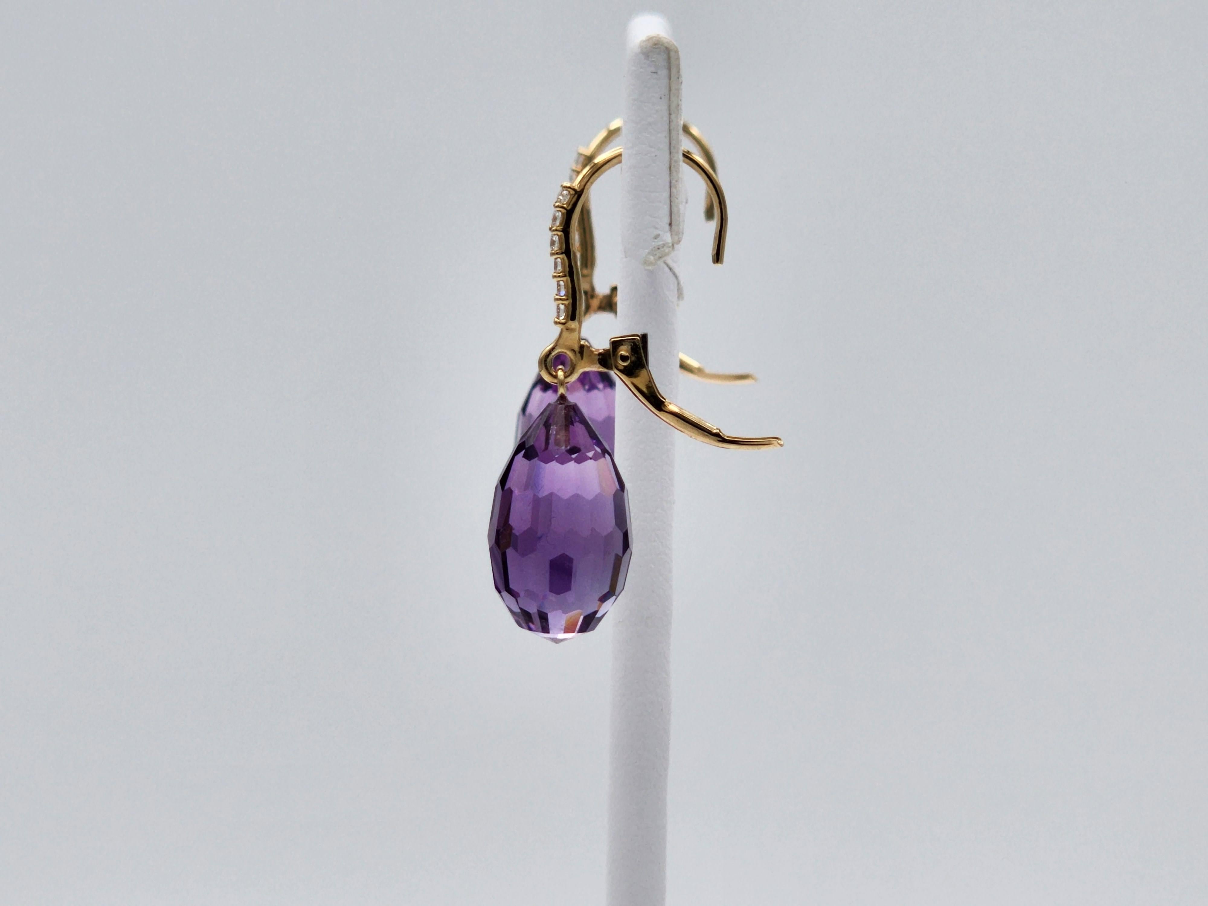 5,54 Karat Amethyst Briolette und Diamant-Ohrringe aus 14 Karat Gelbgold 1