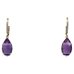 Pendants d'oreilles en or jaune 14 carats avec améthyste briolette de 16,54 carats et diamants