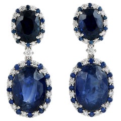 16.54 ct Ceylon Blue Sapphire Dangle Earrings With Diamonds In 18k White Gold
