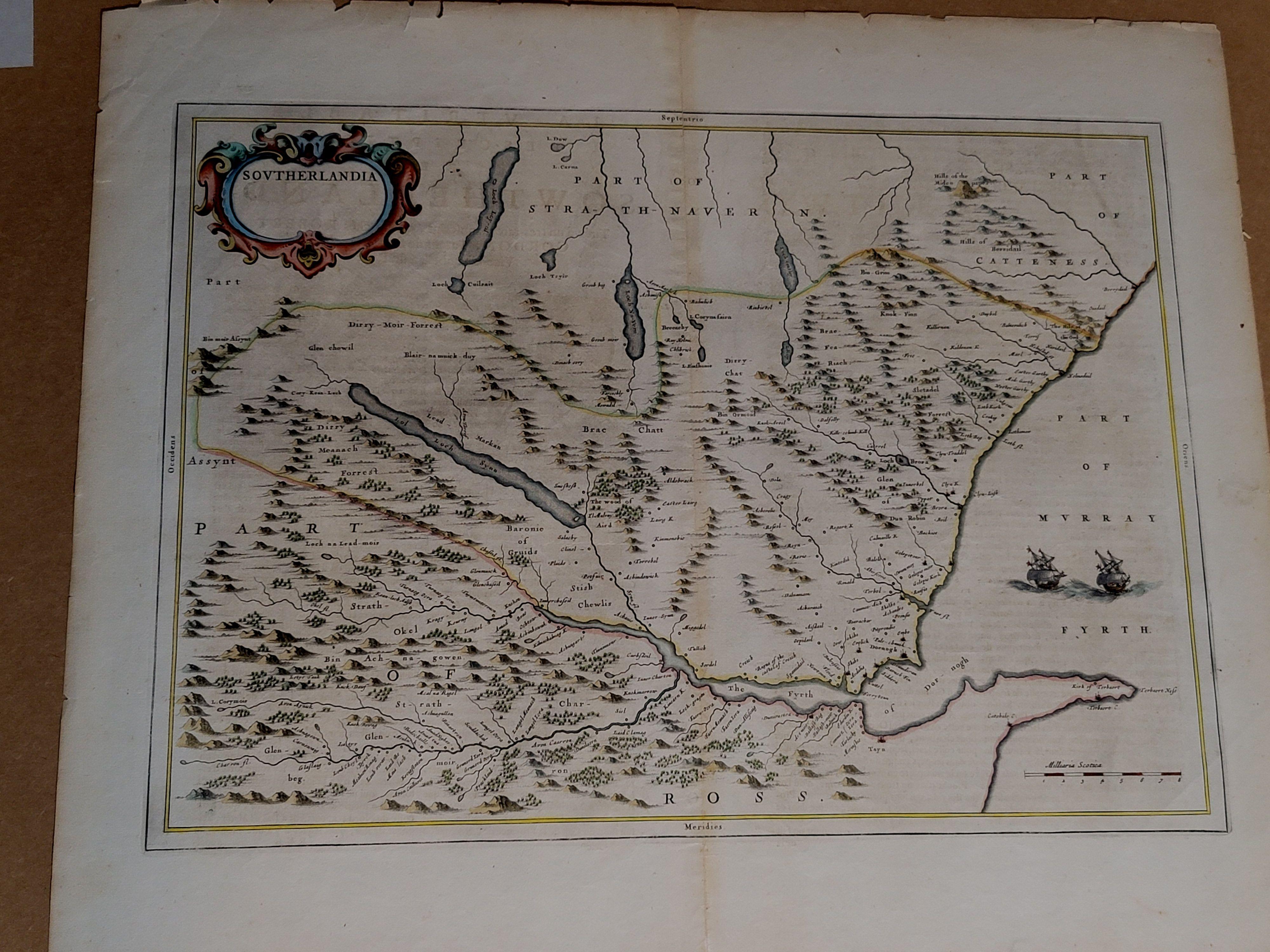 Néerlandais 1654 Carte de Joan Blaeu représentant le Sutherland, Écosse, intitulée « Southerlandia, »Ric0007 en vente