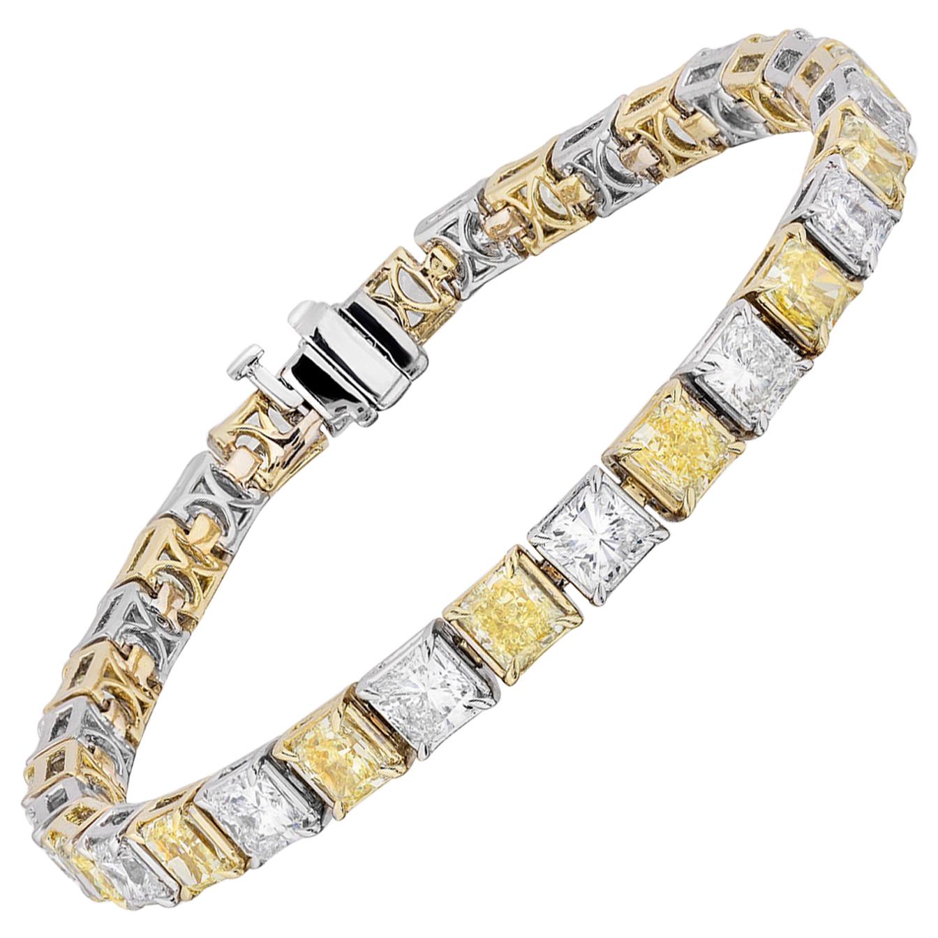 16.55 Carat Eadiant Shaped Yellow and White Diamond Bracelet For Sale