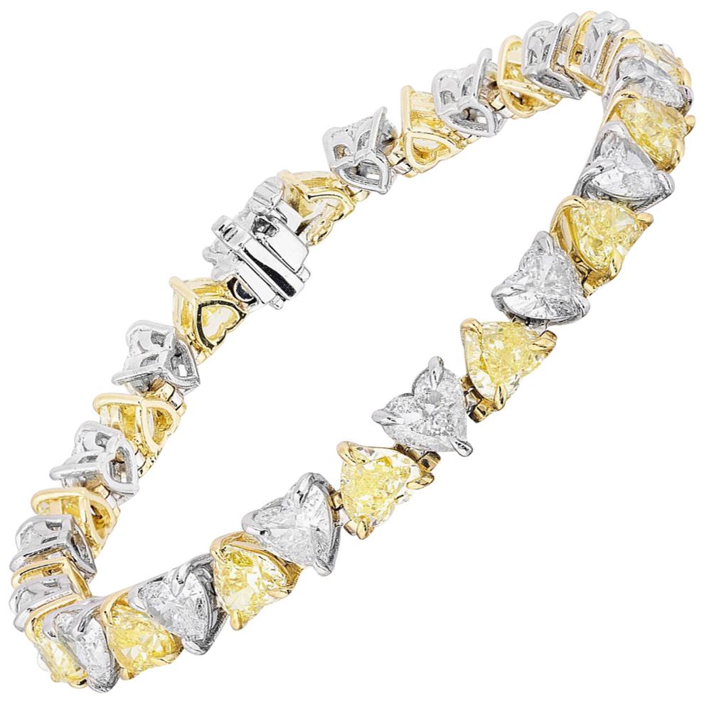 16.55 Carat Heart Shaped Yellow and White Diamond Bracelet For Sale