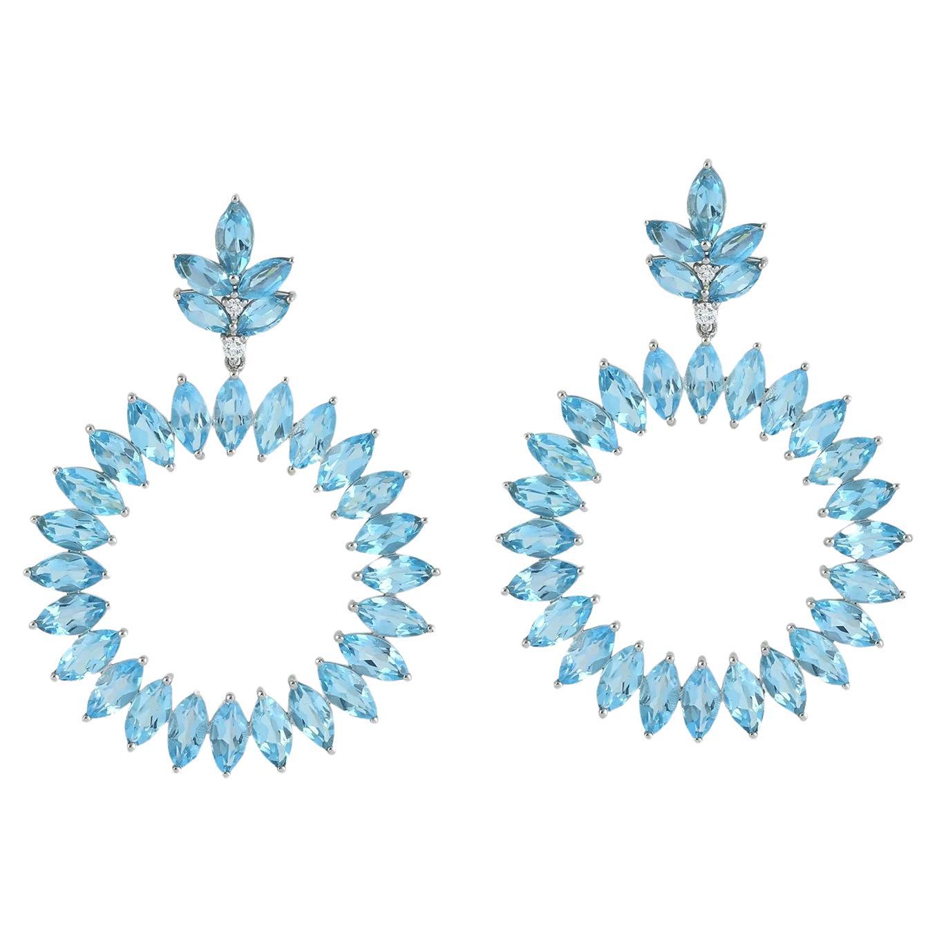 16.55 Carat Marquise Blue Topaz Diamond 14 Karat Gold Drop Earrings For Sale