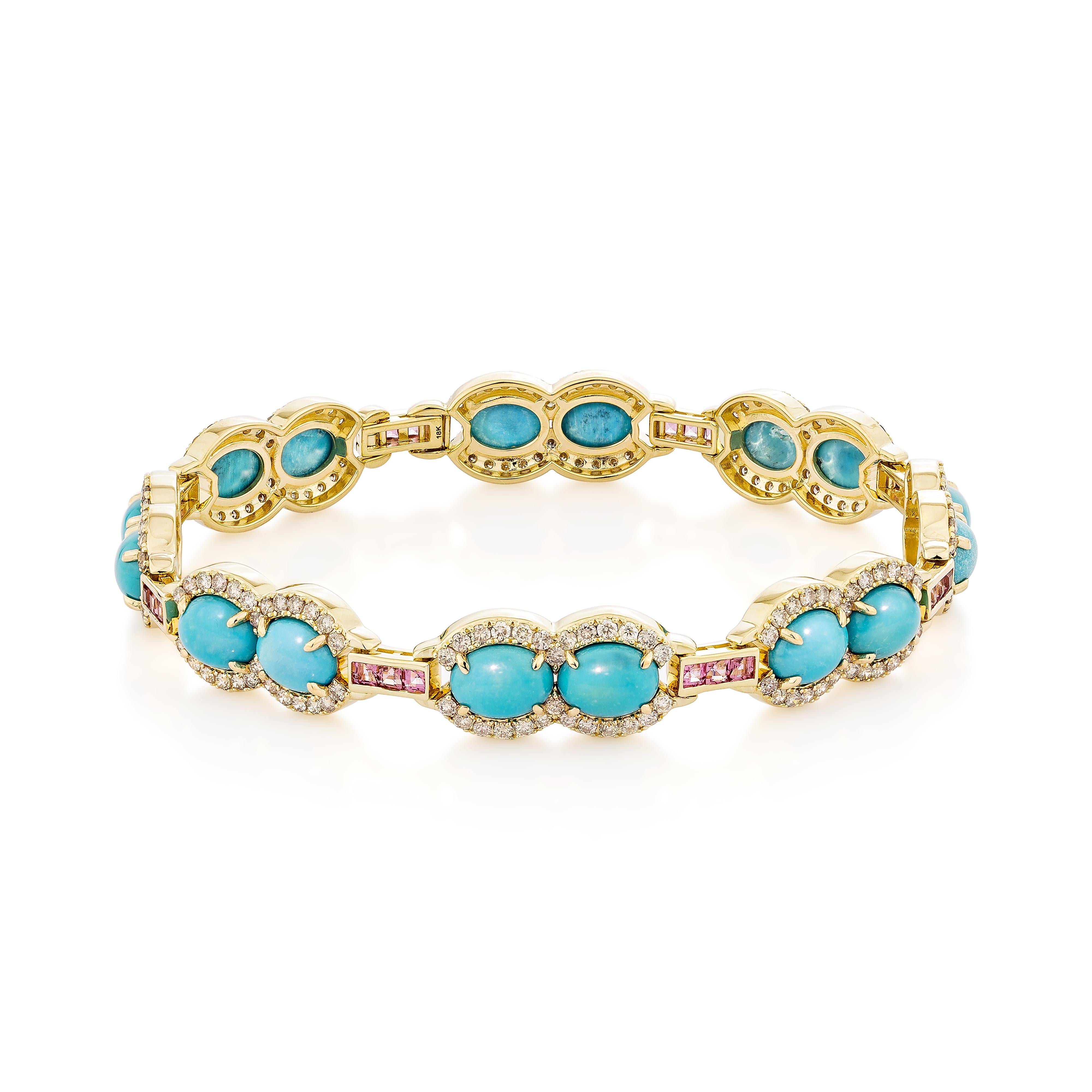 Contemporary 16.55 Carat Turquoise Bracelet in 14KYG with Pink Tourmaline and White Diamond. For Sale
