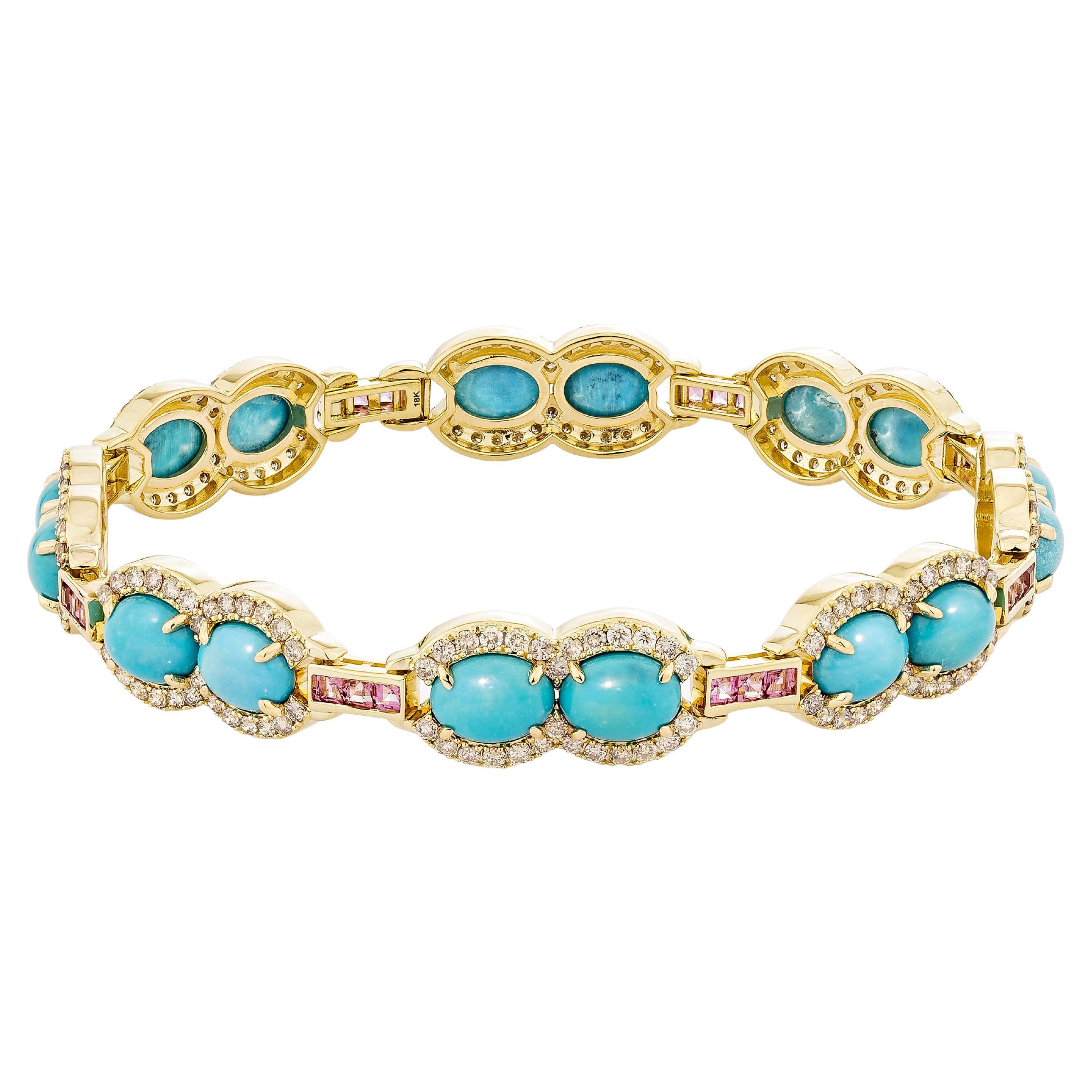 16.55 Carat Turquoise Bracelet in 14KYG with Pink Tourmaline and White Diamond. For Sale