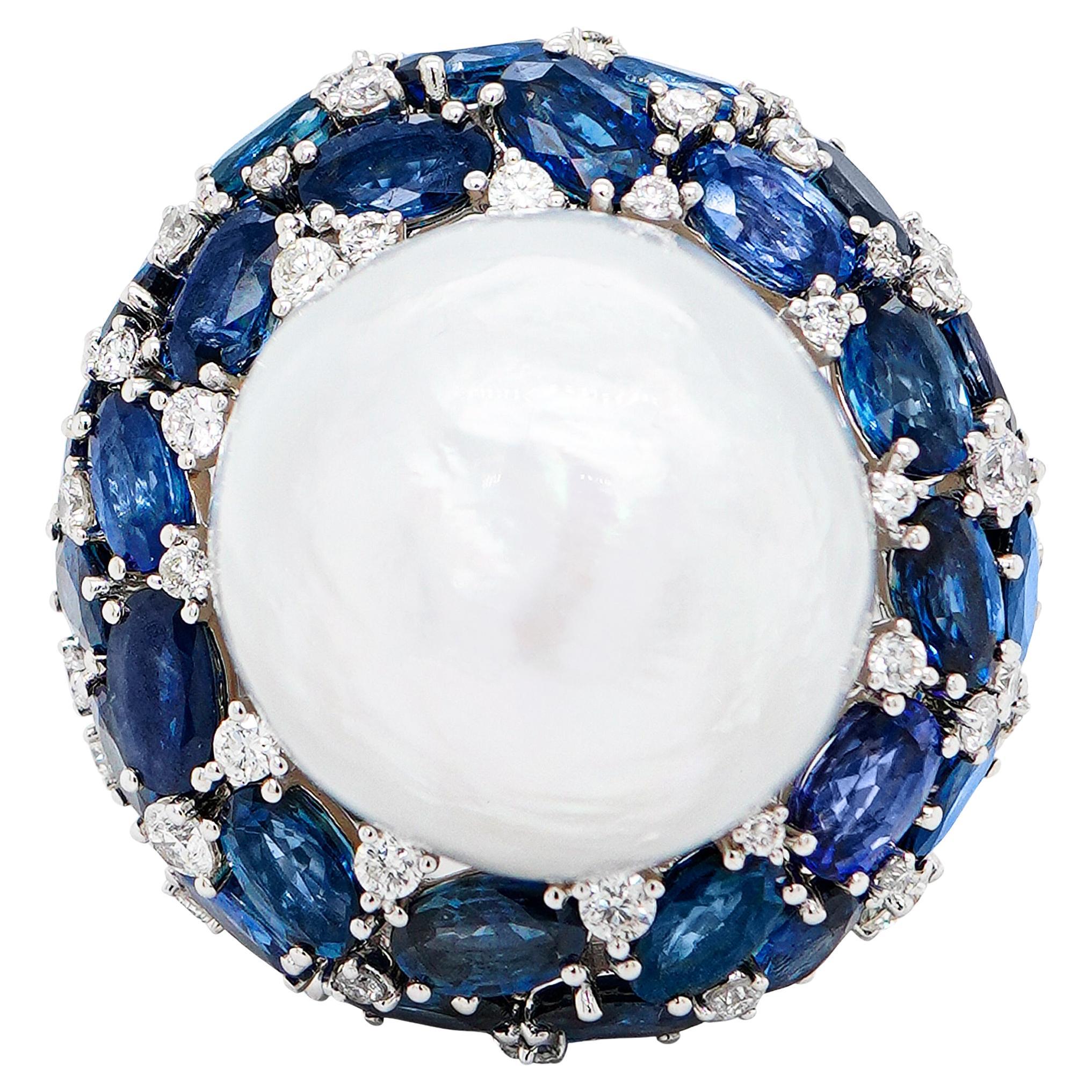 16.55 mm South Sea Pearl And 12 Carat Burma Sapphire "Head Turner'' 18K Ring For Sale