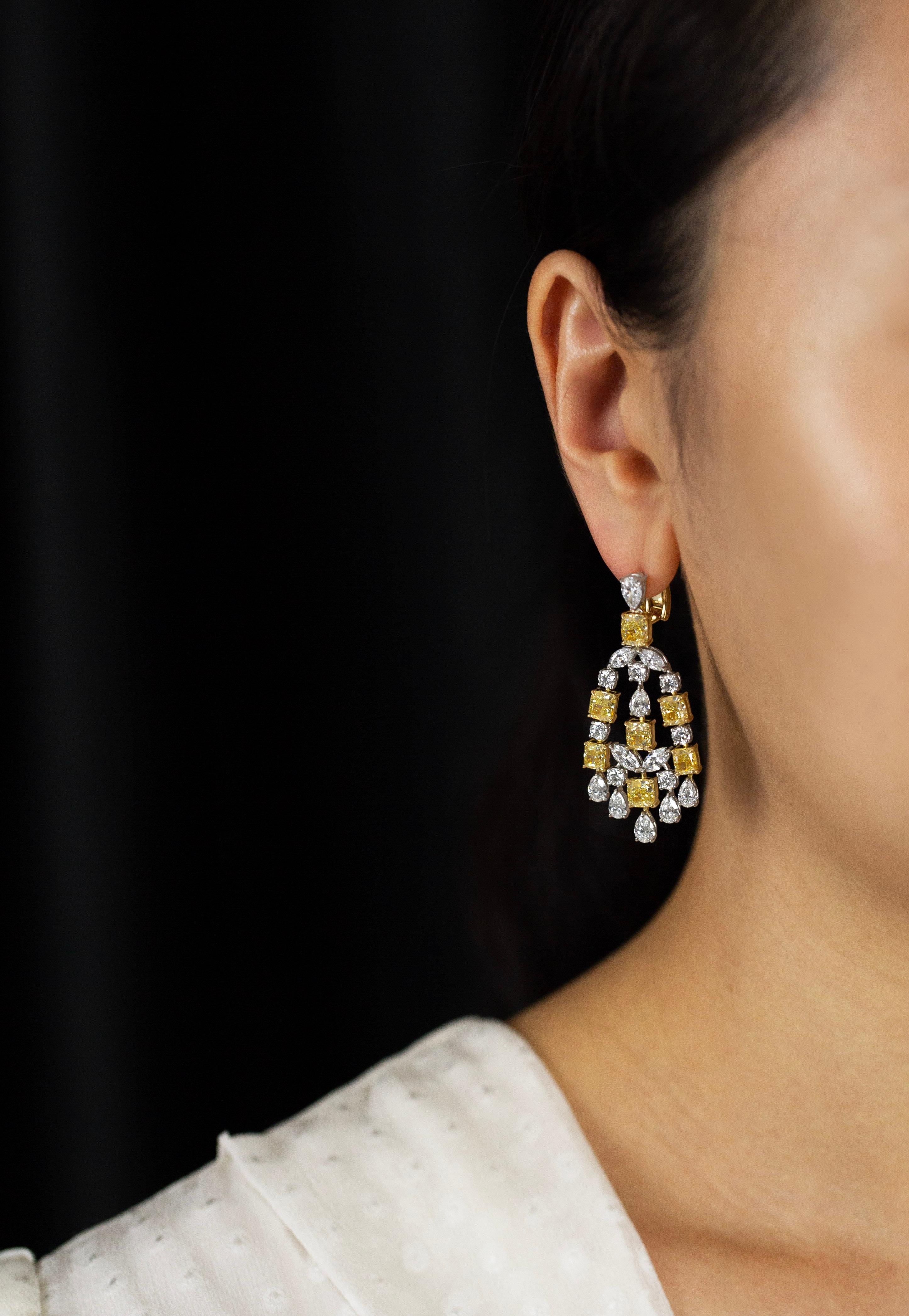 Women's 16.56 Carat Total Mixed Cut Fancy Yellow and White Diamond Chandelier Earrings For Sale