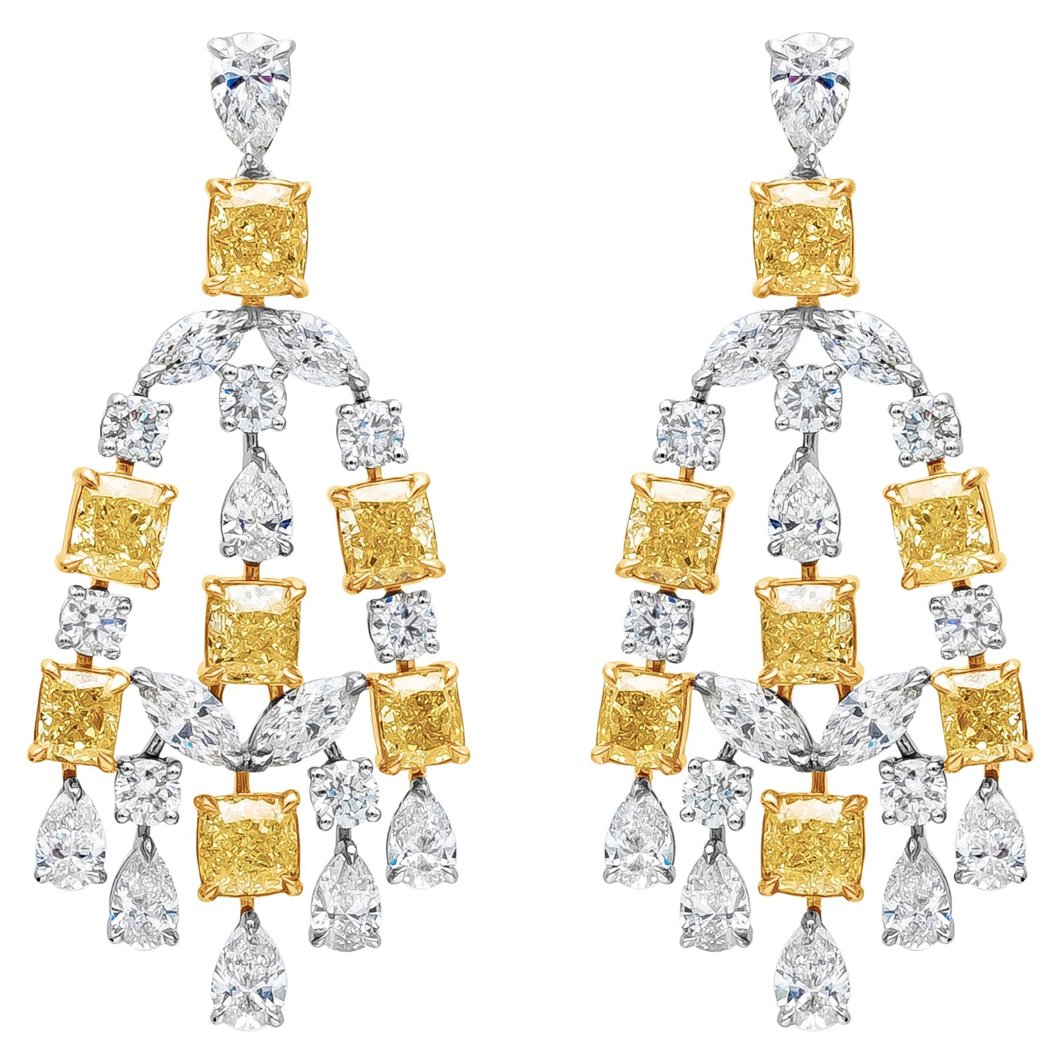 16.56 Carat Total Mixed Cut Fancy Yellow and White Diamond Chandelier Earrings