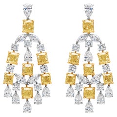 16.56 Carat Total Mixed Cut Fancy Yellow and White Diamond Chandelier Earrings