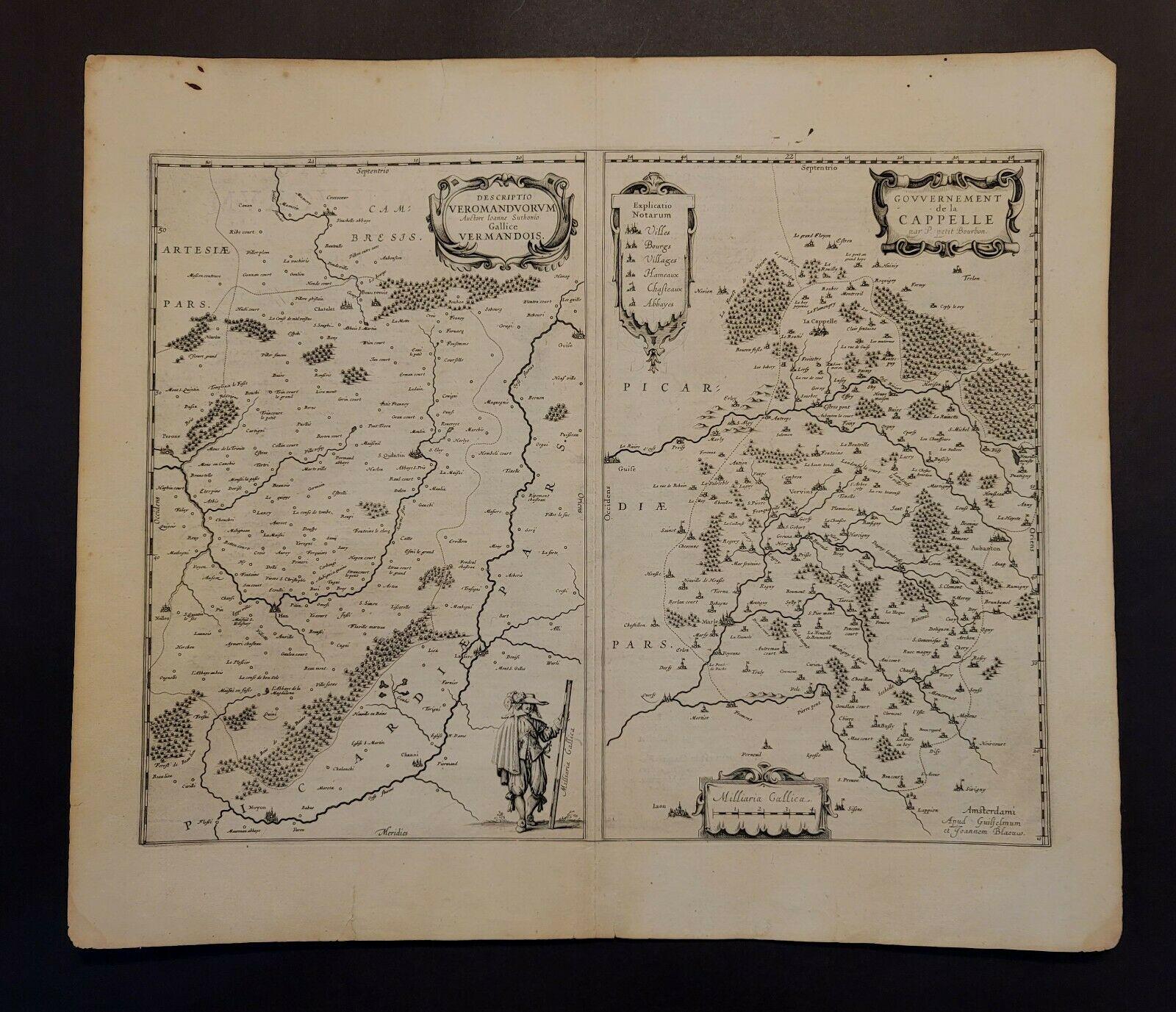 1657 Janssonius map of 
Vermandois and Cappelle
 Ric.a004

Description: Antique map of France titled 'Descriptio Veromanduorum - Gouvernement de la Cappelle'. Two detailed maps of France on one sheet. The Vermandois map is centered on the Oyse