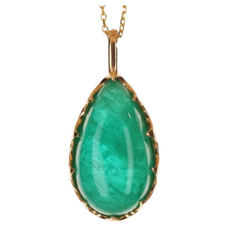 16.57cts 14K Colombian Emerald-Cabochon Pear Cut Solitaire Pendant For Sale