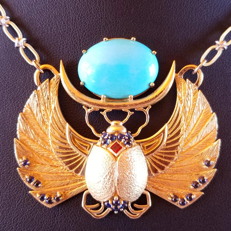 16.58 Carat Natural Sleeping Beauty Turquoise 18 Karat Yellow Gold Scarab Neck In New Condition For Sale In Lambertville , NJ