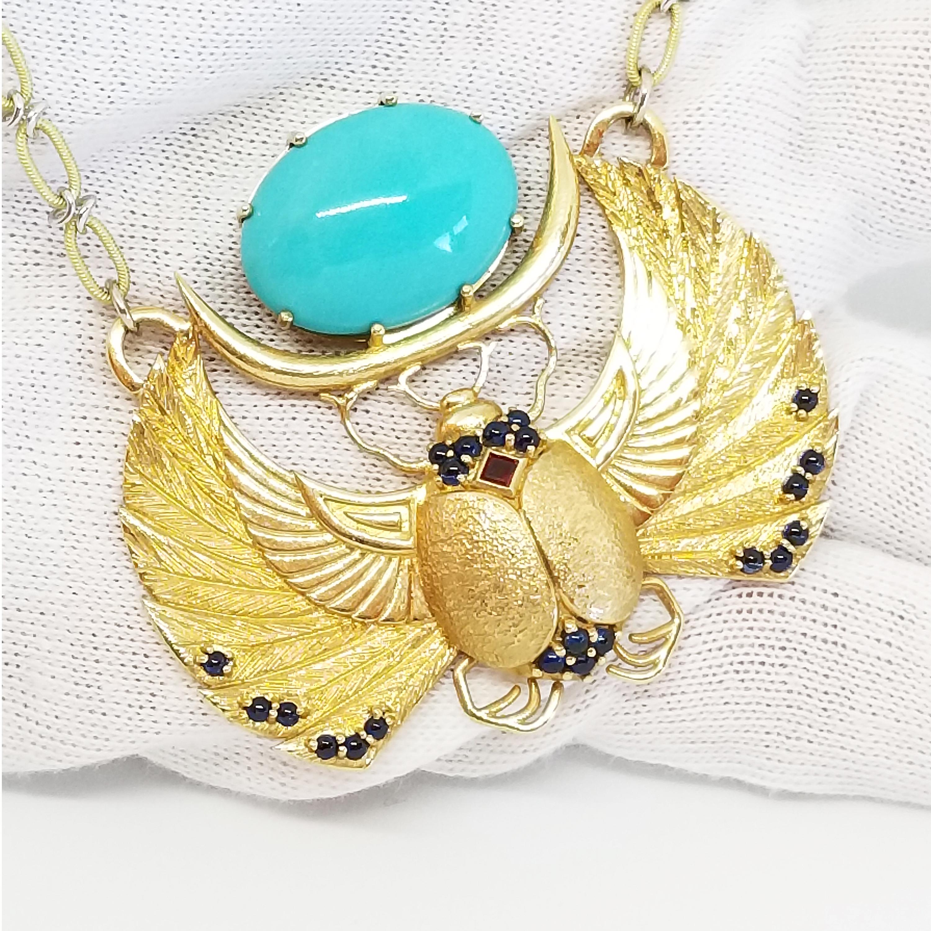 16.58 Carat Natural Sleeping Beauty Turquoise 18 Karat Yellow Gold Scarab Neck In New Condition For Sale In Lambertville , NJ