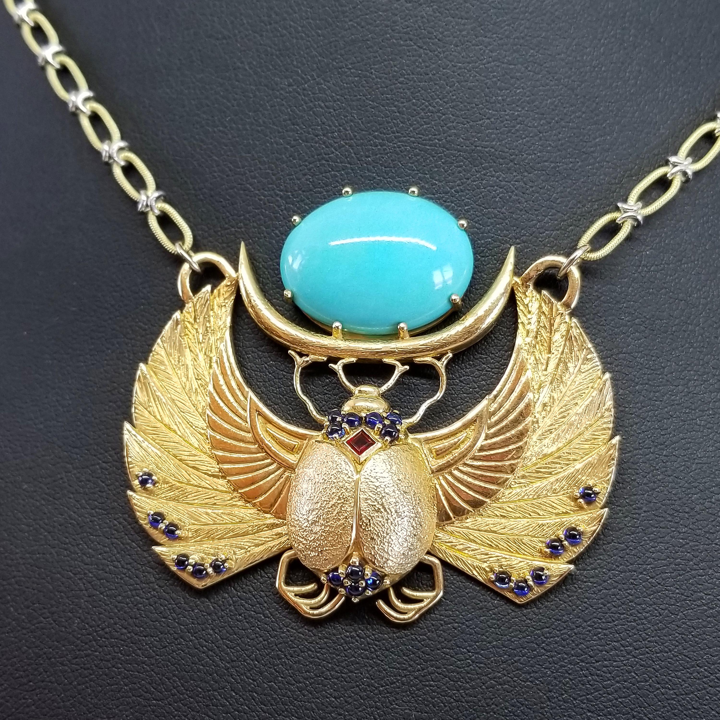 16.58 Carat Natural Sleeping Beauty Turquoise 18 Karat Yellow Gold Scarab Neck For Sale 1