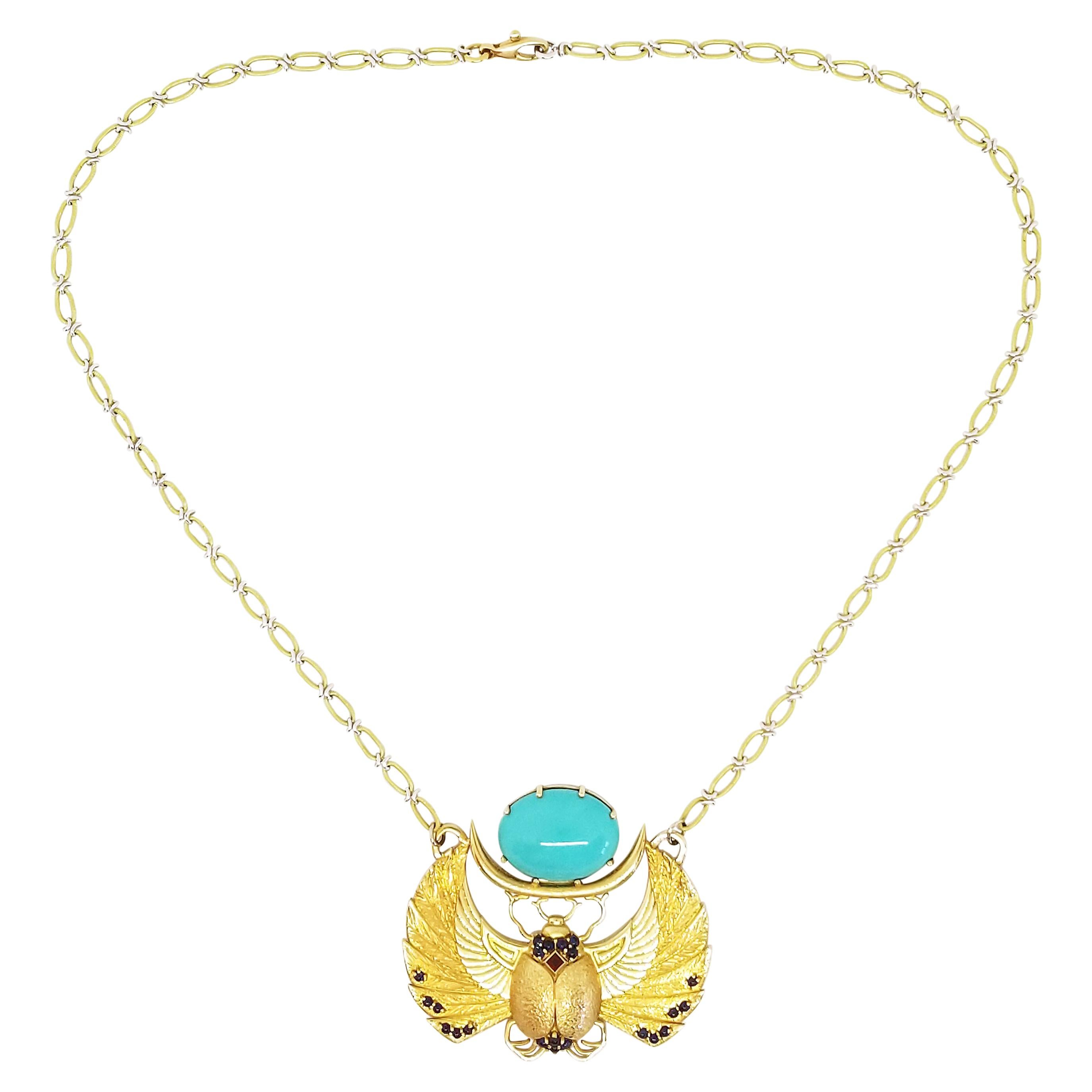 This Custom Designed and Crafted, One of a Kind Statement Necklace by Artisan Tom Castor features a large Winged Scarab as the center piece of this High Design Castor Neck piece. A Unique blend of skilled Egyptian Revival and Contemporary Statement