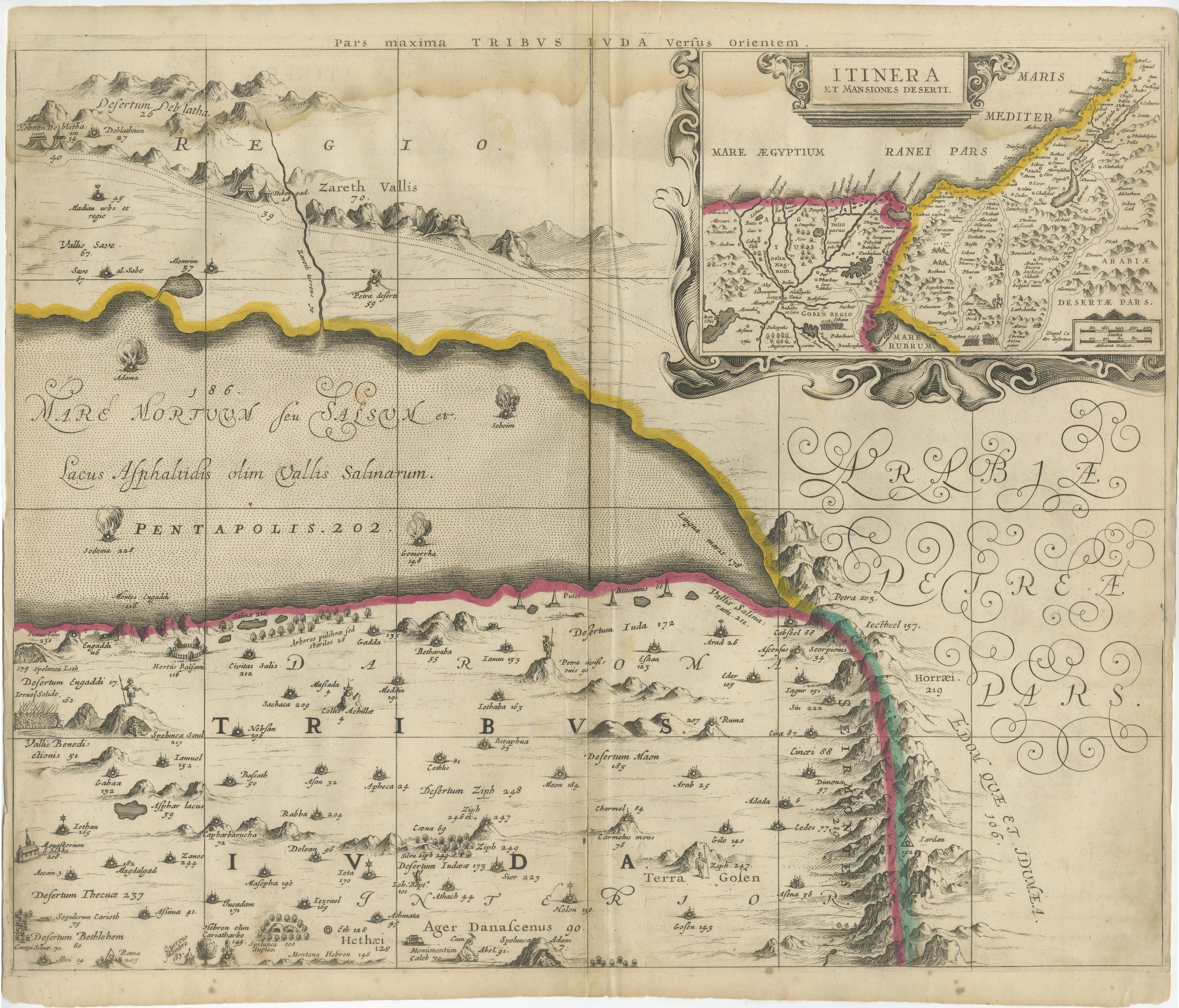 Holy Land Divided Among the Twelve Tribes – Six-Part Map by Jan Jansson and Georgius Hornius, circa 1658

This rare and impressive six-sheet engraved map of the Holy Land was published around 1658 by Jan Jansson and Georgius Hornius. The map is