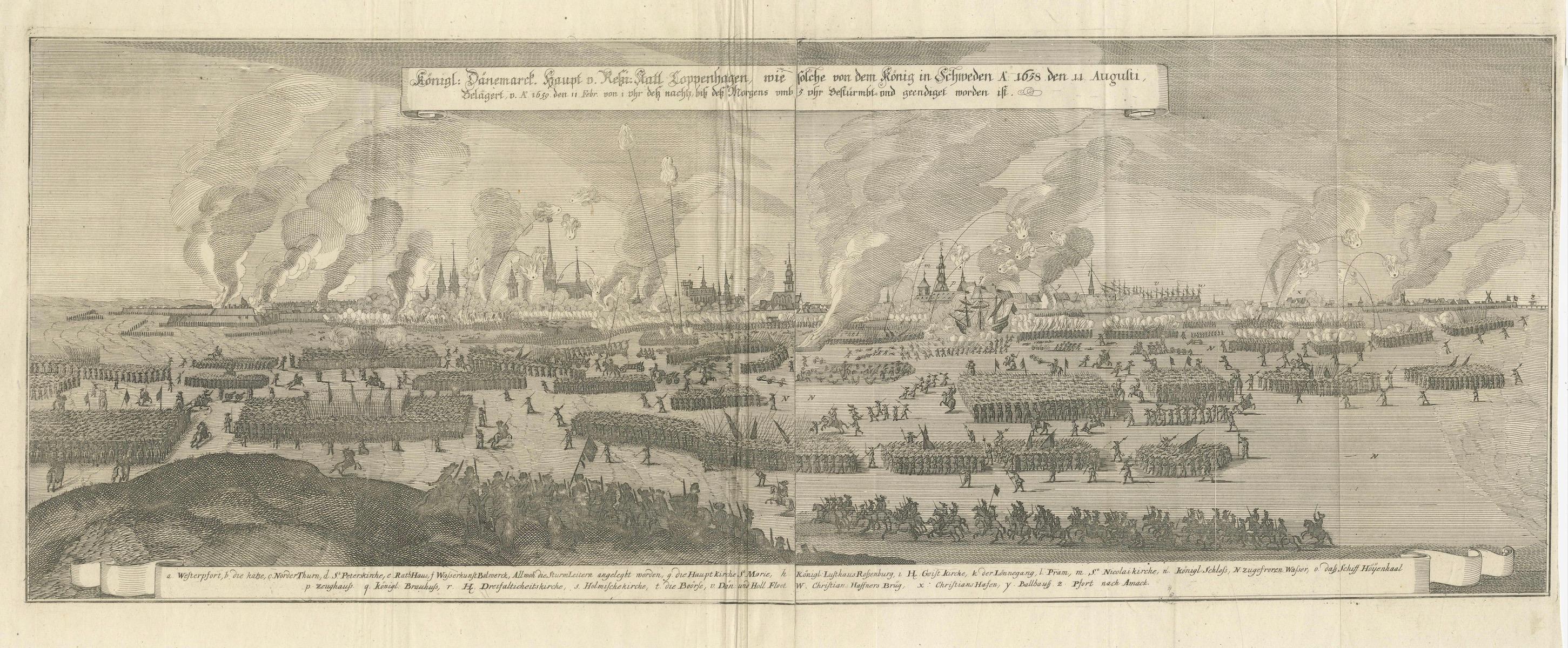 L'incisione raffigura l'assedio di Copenaghen, la capitale della Danimarca, da parte del re di Svezia nel 1658. Questo evento storico è immortalato in una dettagliata vista panoramica, che mostra il dispiegamento strategico delle truppe e delle