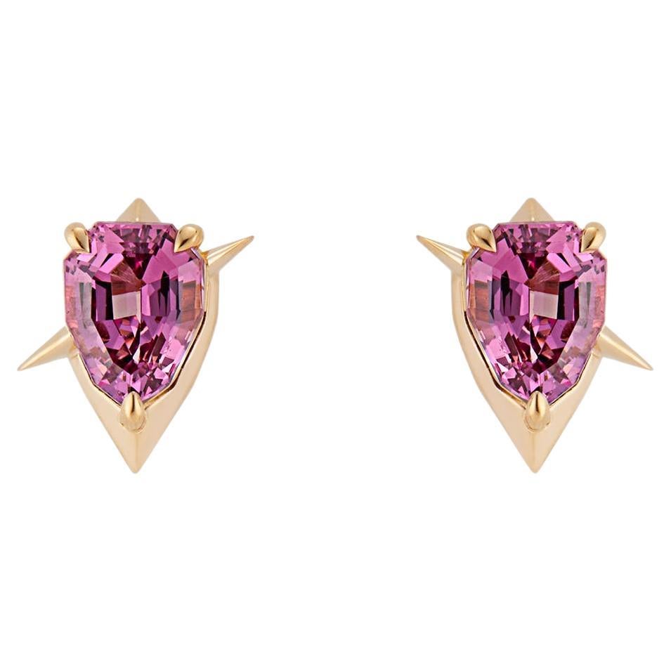1.65ct 14ct Yellow Gold, Shield Cut Pink Garnet Stud Earring For Sale