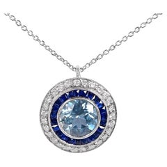 Collier pendentif aigue-marine 1,65 carat, halo de saphirs et diamants, platine 