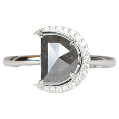 1.65ct Half Moon Dark Salt and Pepper Diamond with Halo 14K Gold Engagement Ring