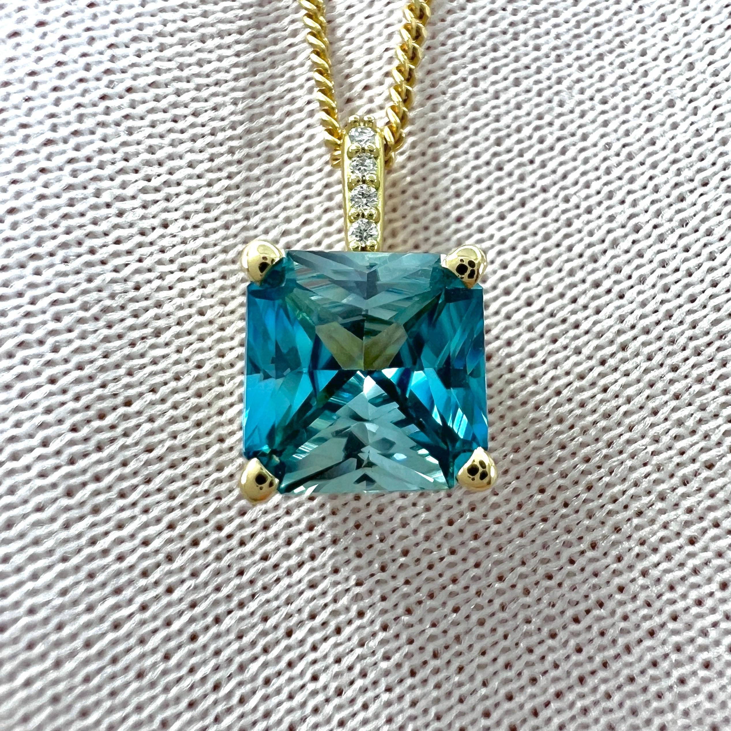 Natural Blue Zircon Fancy Radiant Cut 18k Yellow Gold Diamond Hidden Halo Pendant Necklace.

1.65 Carat natural blue zircon with a fine vivid blue colour and excellent clarity. A very clean stone, VVS. 
Also has an excellent fancy radiant cut.