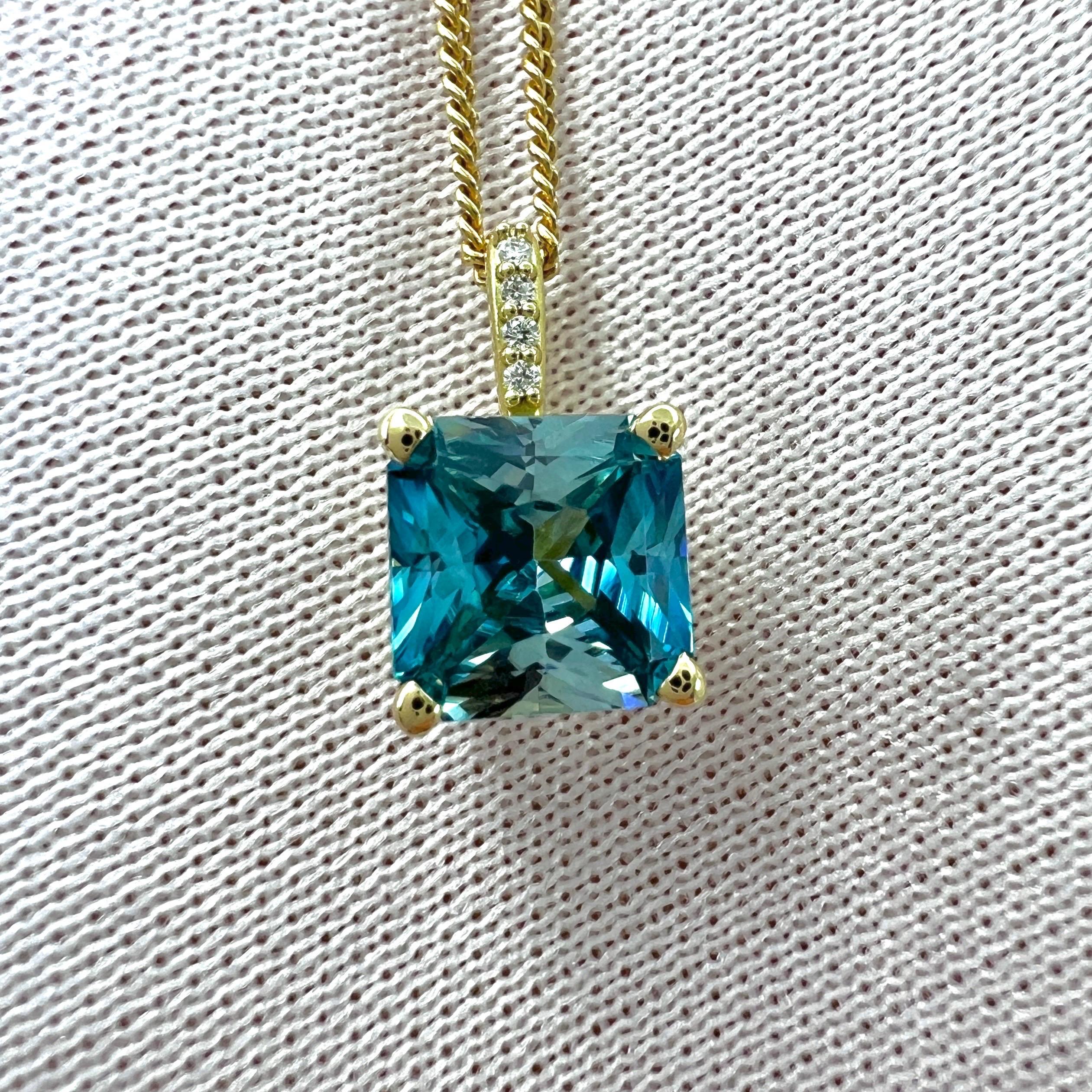 1.65ct Natural Blue Zircon Fancy Cut 18k Yellow Gold Diamond Hidden Halo Pendant In New Condition For Sale In Birmingham, GB