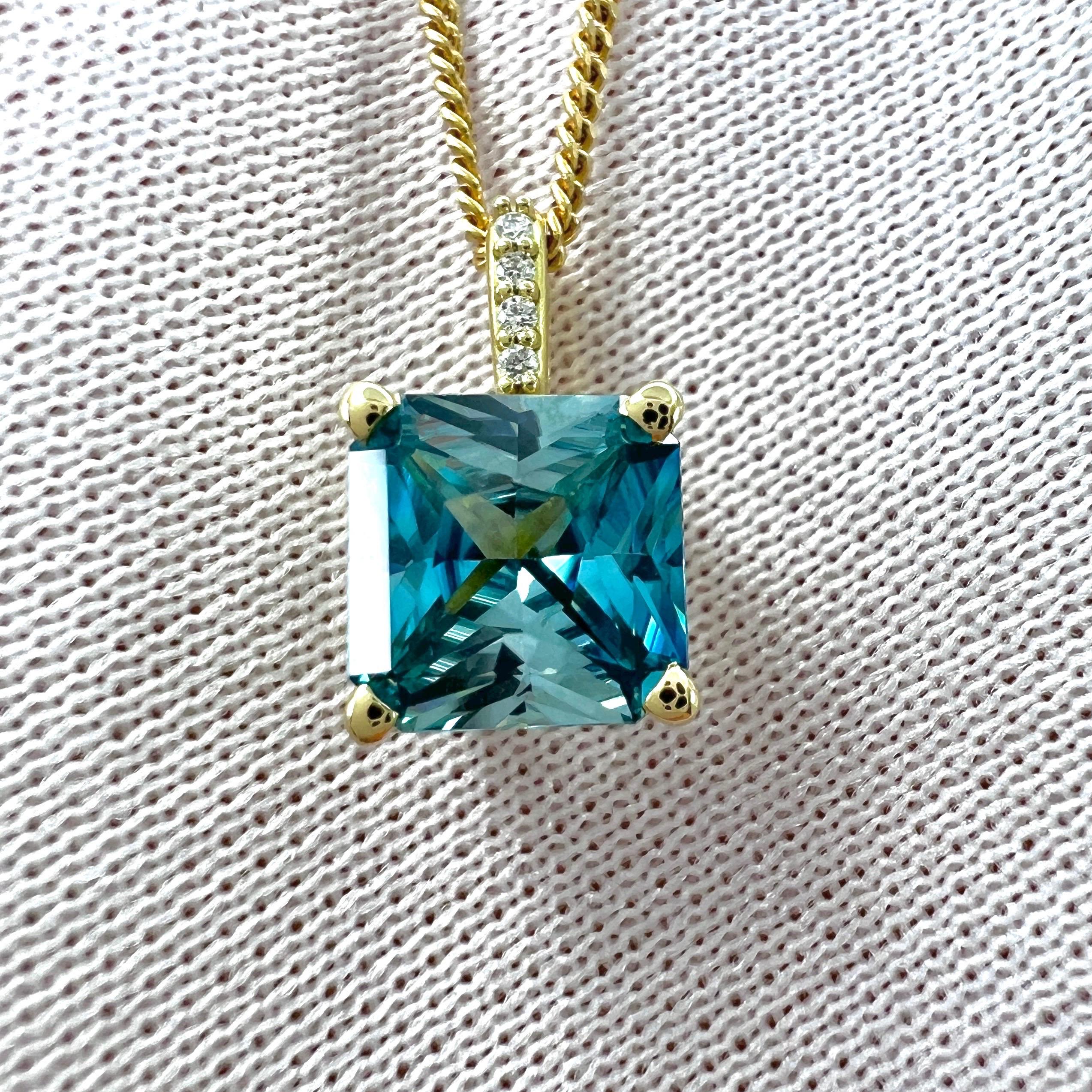 1.65ct Natural Blue Zircon Fancy Cut 18k Yellow Gold Diamond Hidden Halo Pendant For Sale 2