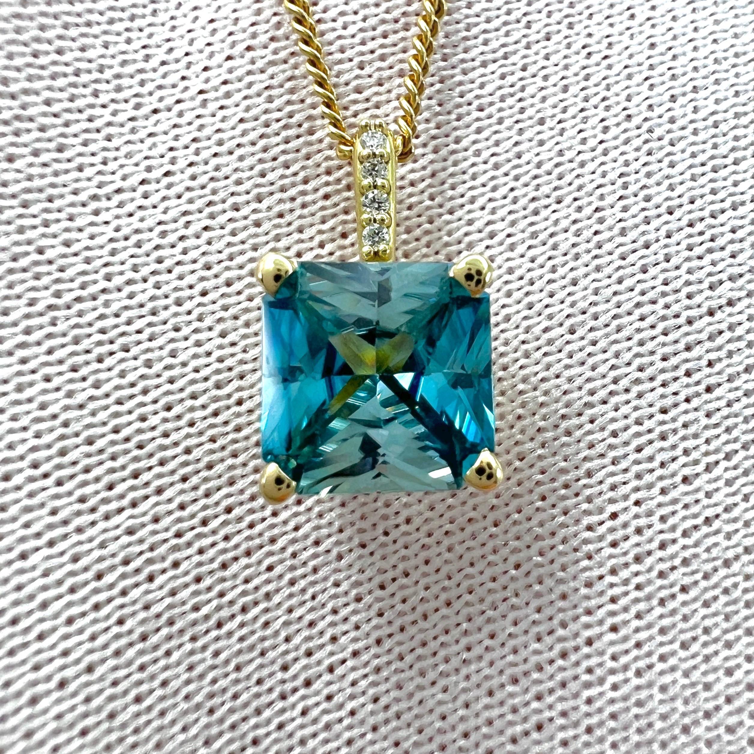 1.65ct Natural Blue Zircon Fancy Cut 18k Yellow Gold Diamond Hidden Halo Pendant For Sale 3