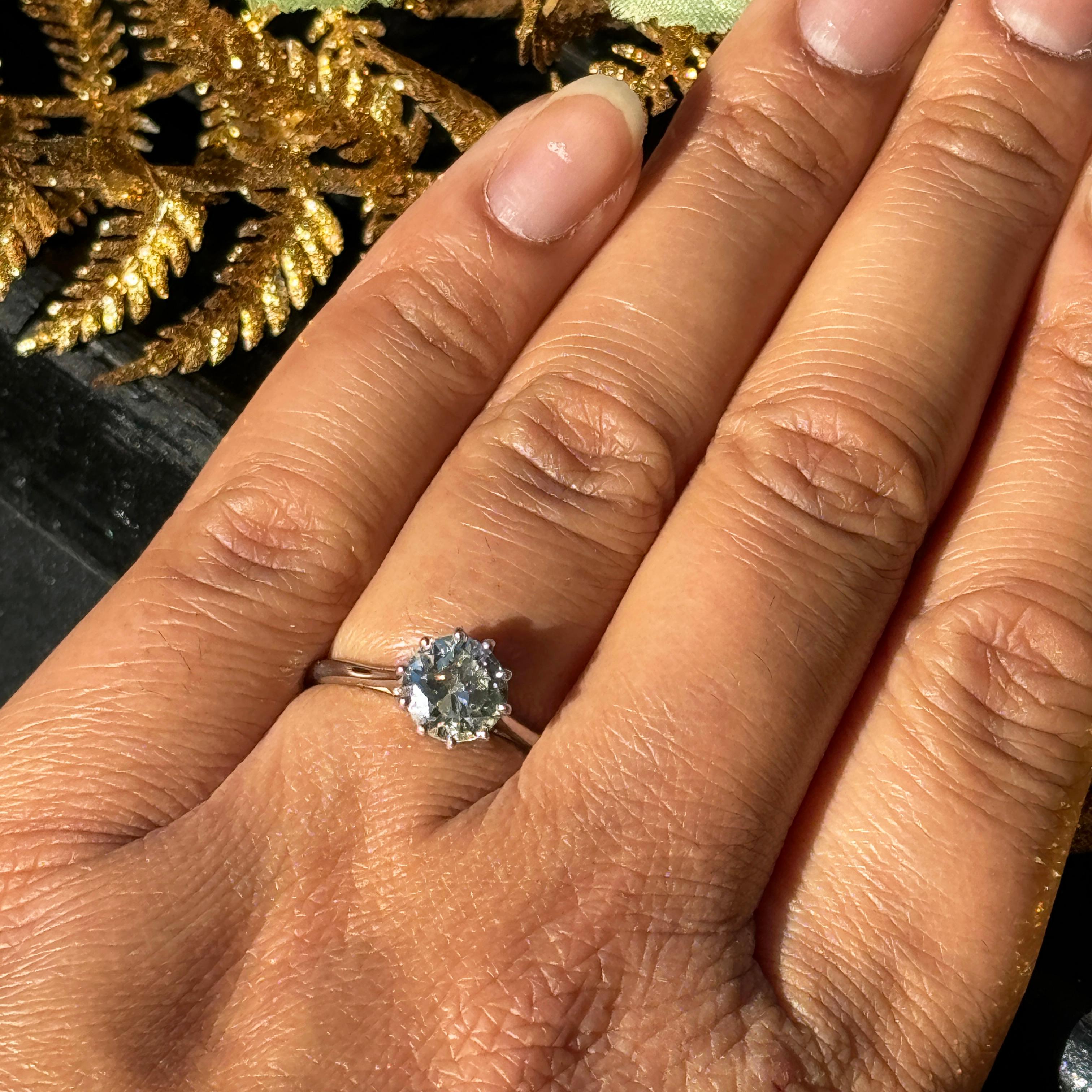 1.65ct Old Cut Diamond Palladium & 18 Carat White Gold Solitaire Engagement Ring For Sale 1