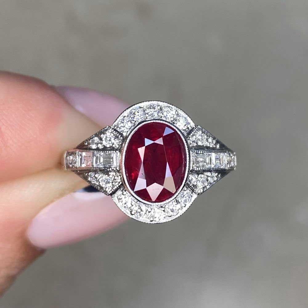 1.65ct Oval Cut Natural Ruby Engagement Ring, Diamond Halo, Platinum 5
