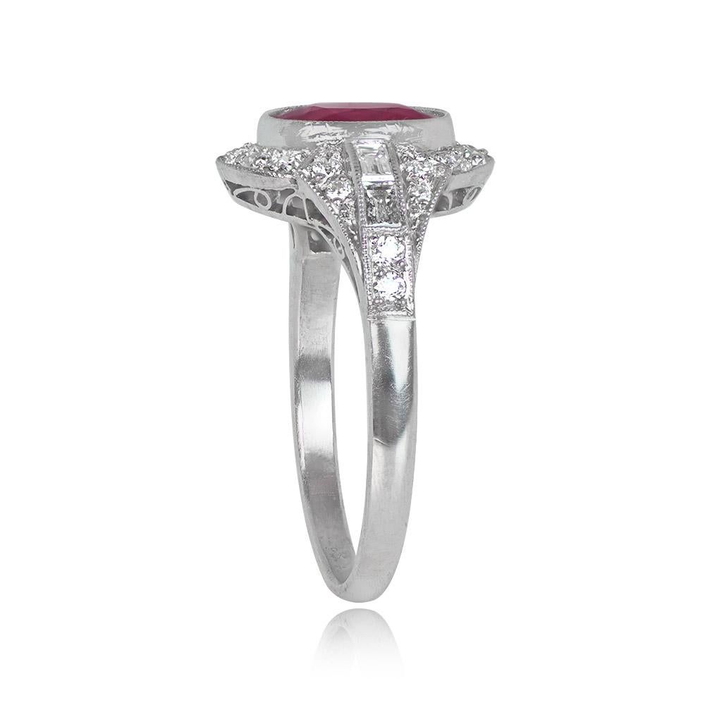 Art Deco 1.65ct Oval Cut Natural Ruby Engagement Ring, Diamond Halo, Platinum