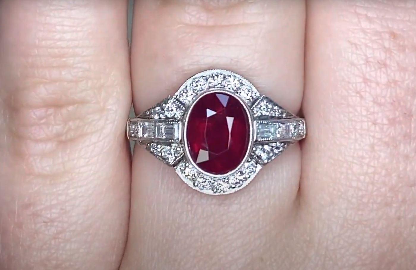 Women's 1.65ct Oval Cut Natural Ruby Engagement Ring, Diamond Halo, Platinum