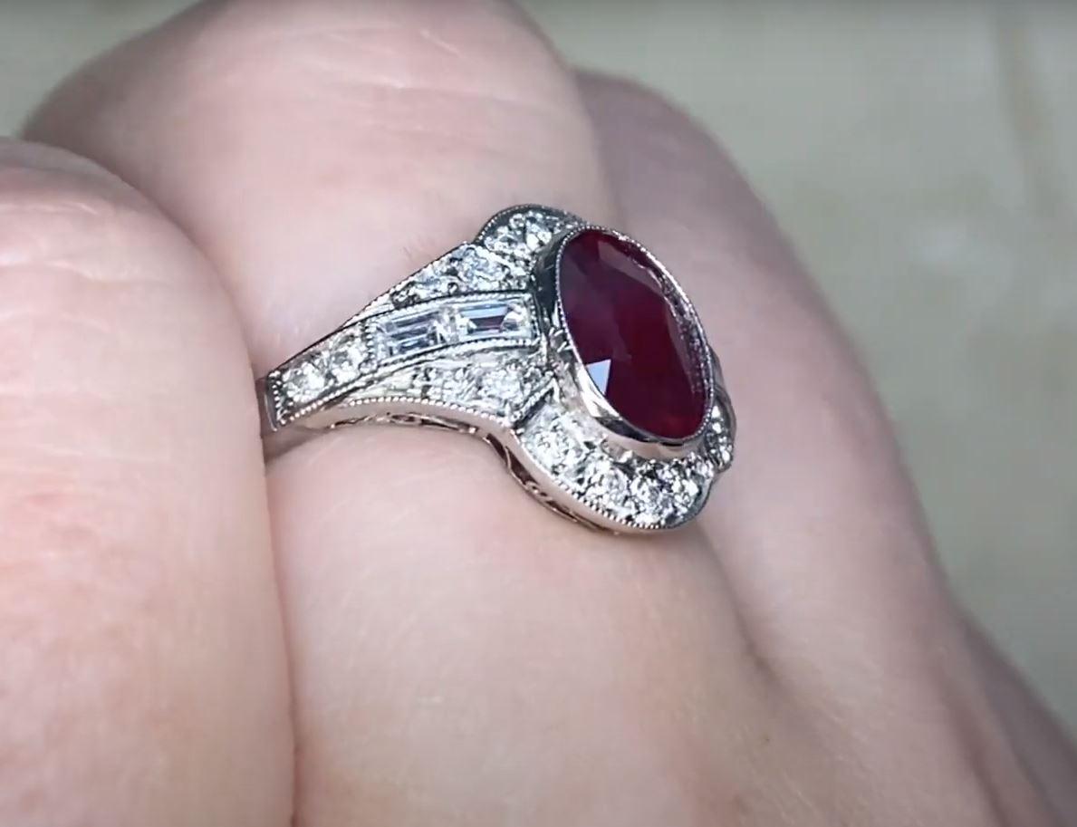 1.65ct Oval Cut Natural Ruby Engagement Ring, Diamond Halo, Platinum 1