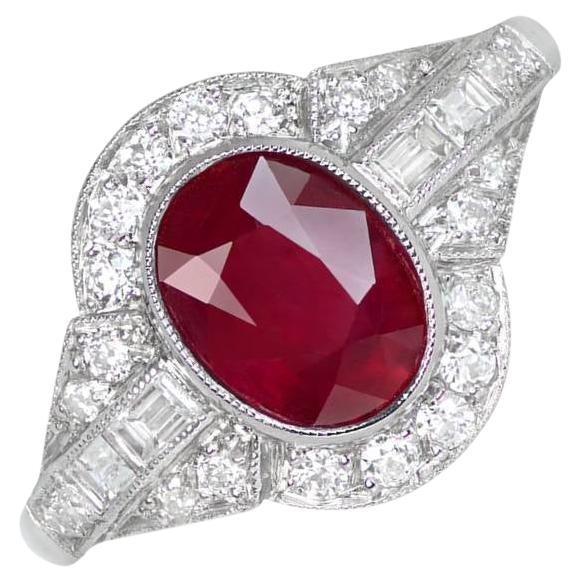 1.65ct Oval Cut Natural Ruby Engagement Ring, Diamond Halo, Platinum