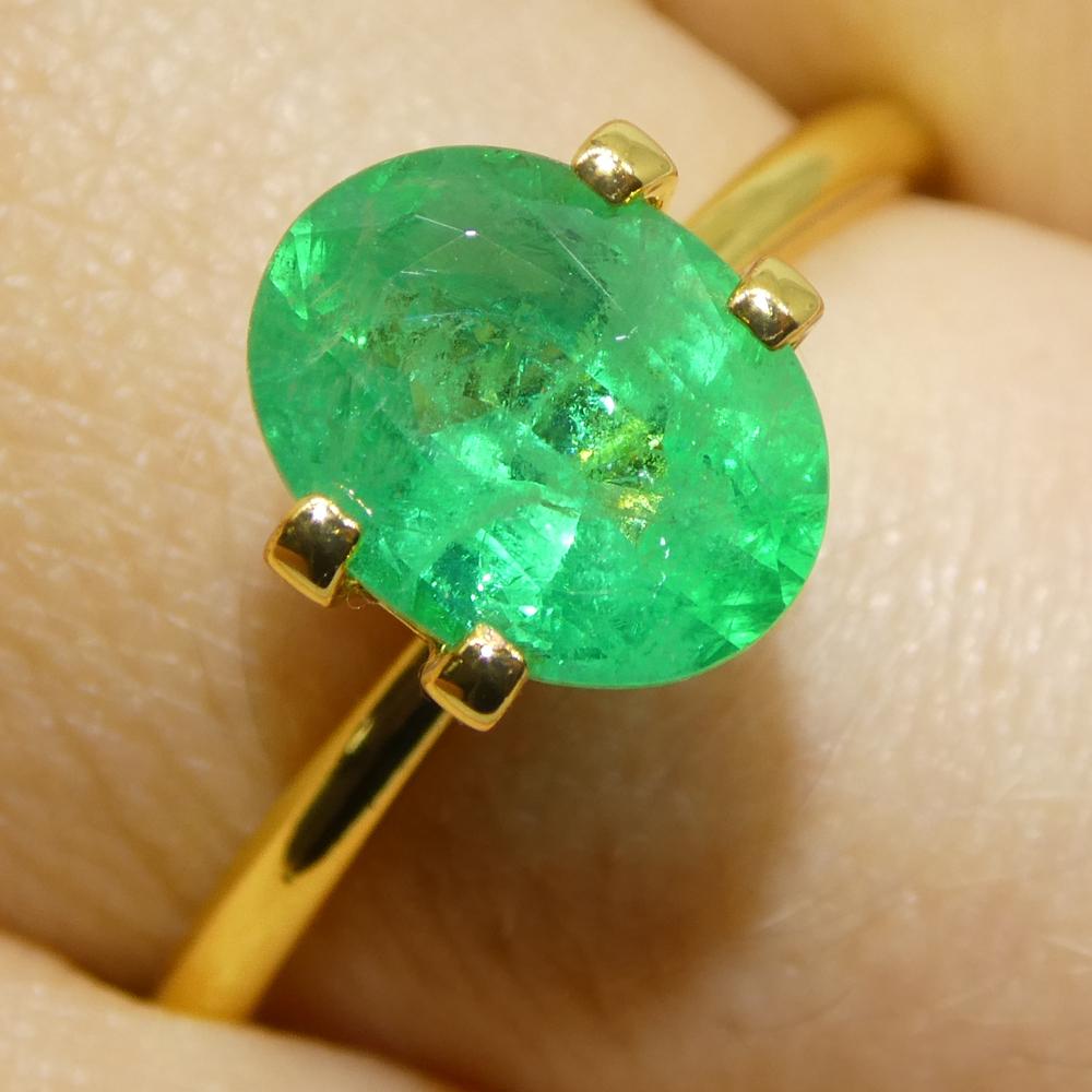 Description:

Gem Type: Emerald 
Number of Stones: 1
Weight: 1.65 cts
Measurements: 8.98 x 6.99 x 4.47 mm
Shape: Oval
Cutting Style Crown: Step Cut
Cutting Style Pavilion: Brilliant 
Transparency: Transparent
Clarity: Moderately Included: Inclusions