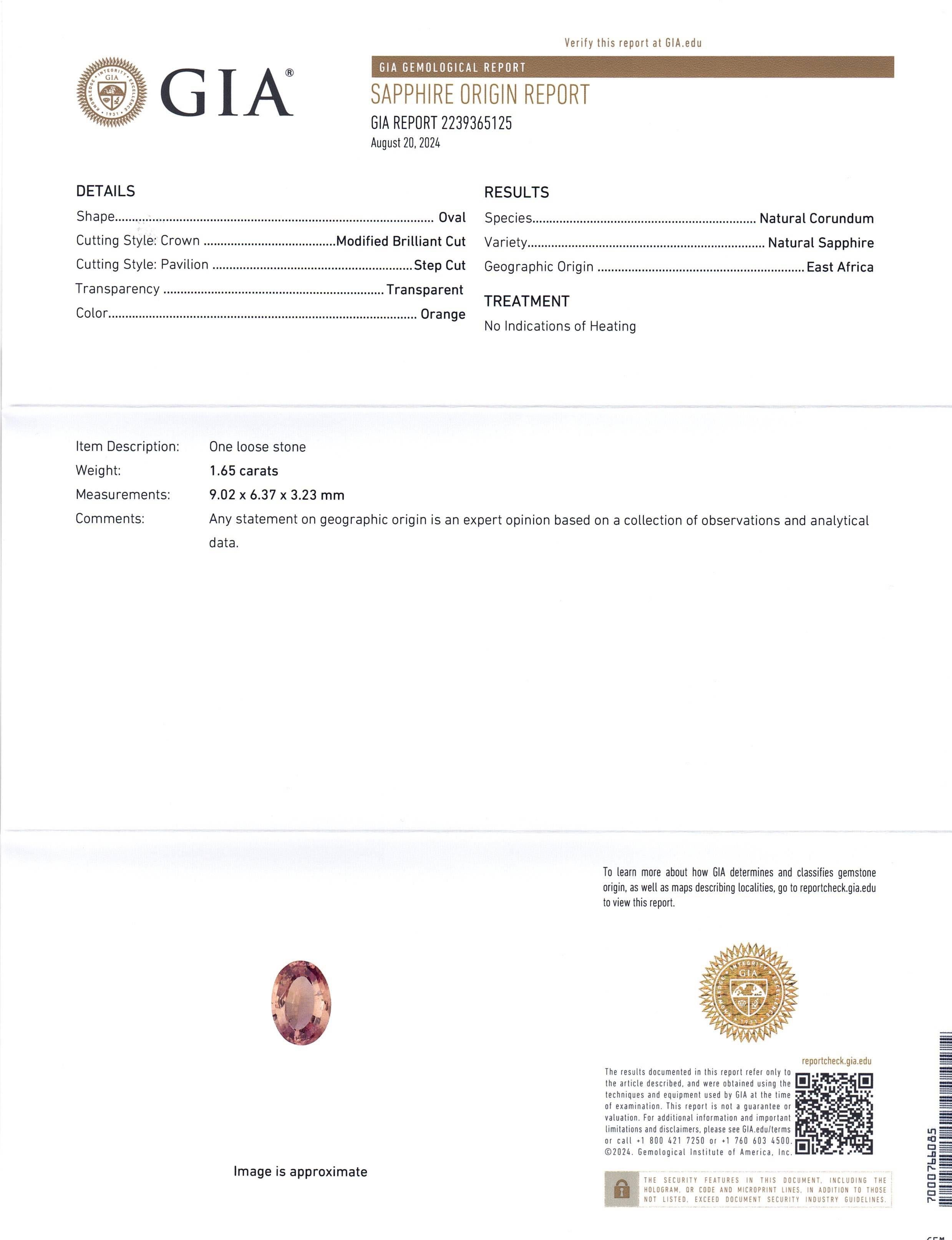 1.65ct Oval Orange Sapphire GIA Certified East Africa Unheated In New Condition For Sale In Toronto, Ontario