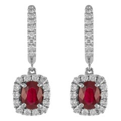 1.65ct Oval Ruby with Diamond Halo Drop Earrings 18k White Gold 